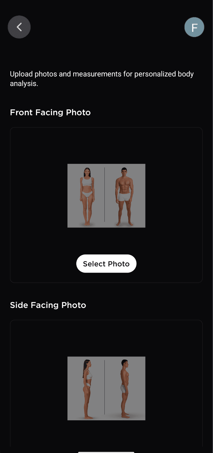 Mithrion app — uploading front and side photos for physiological audit